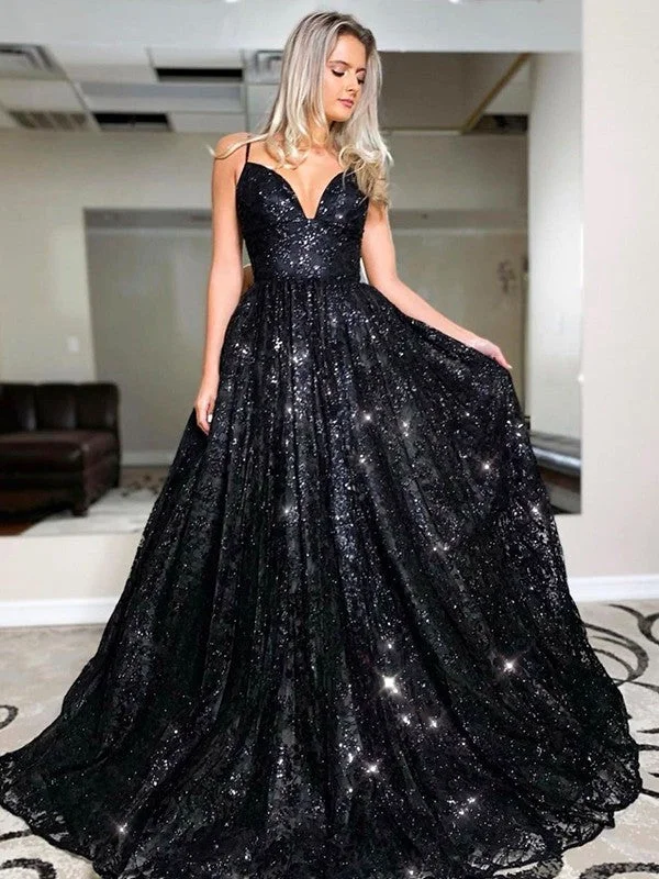 Fashion Essentials A-Line/Princess Floor-Length V-neck Sequin Sleeveless Sequins Dresses