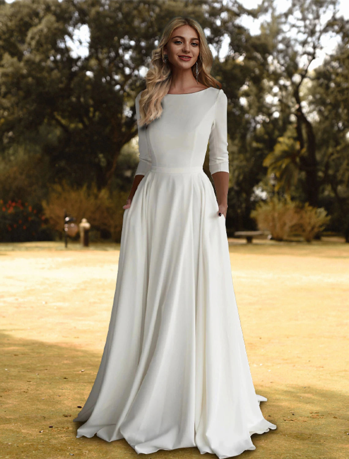 Seasonal Trend Hall Casual Fall Wedding Dresses A-Line Scoop Neck 3/4 Length Sleeve Sweep / Brush Train Stretch Fabric Bridal Gowns With Pleats Solid Color Summer Wedding Party, Women's Clothing