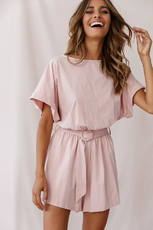 Parisian Effortless Chic Style Chelsea Belted T-Shirt Romper Blush