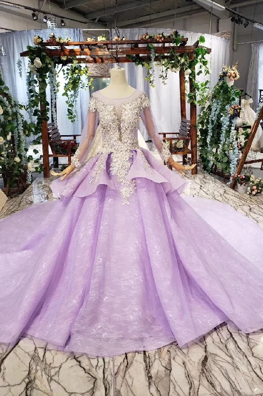 Chic Style Stunning Long Sleeve Ball Gown Appliques Beading Lilac Quinceanera Dresses N2031