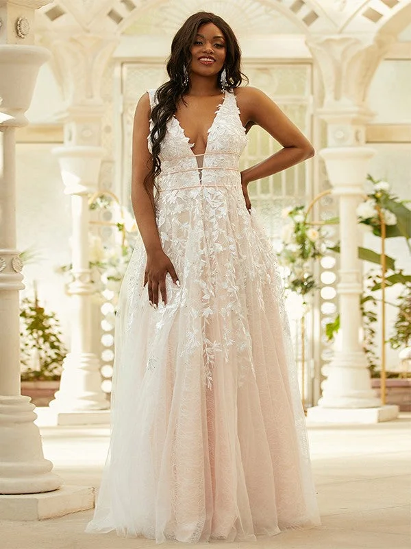 Day-To-Night Styles A-Line/Princess Tulle Applique V-neck Sleeveless Floor-Length Dresses