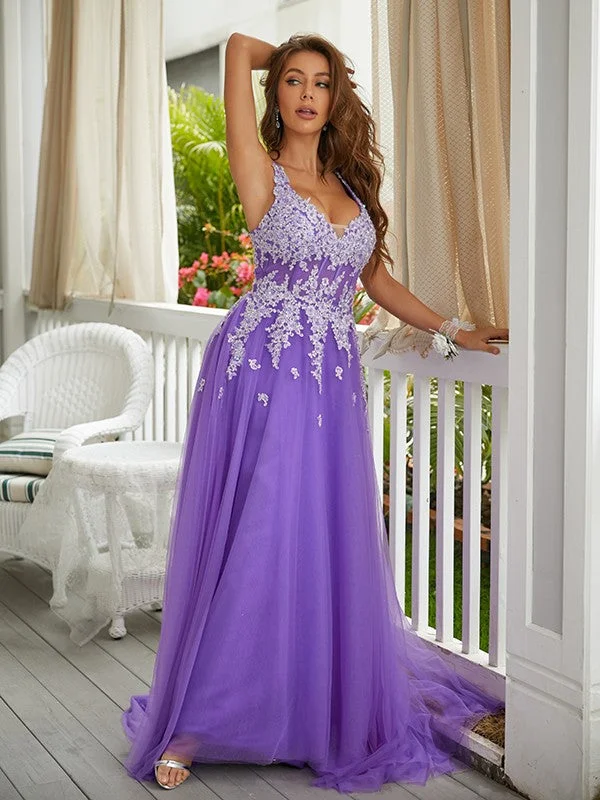 Best-Sellers A-Line/Princess Tulle Applique V-neck Sleeveless Sweep/Brush Train Dresses