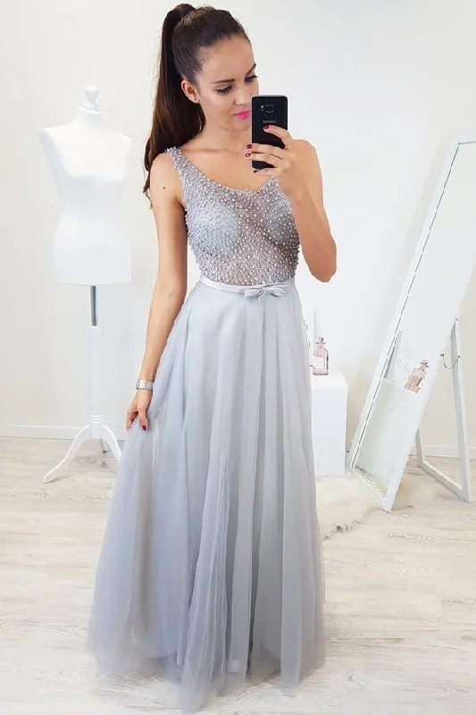 Fashion Forward Floor Length Sleeveless Beading Tulle Prom Dresses Sexy Long Senior Prom Gown N1668