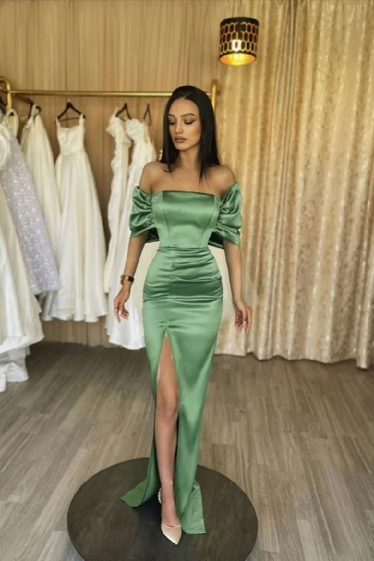 Celebrate With Big Savings simple mermaid sage satin split prom gown off the shoulder formal dress     S2950