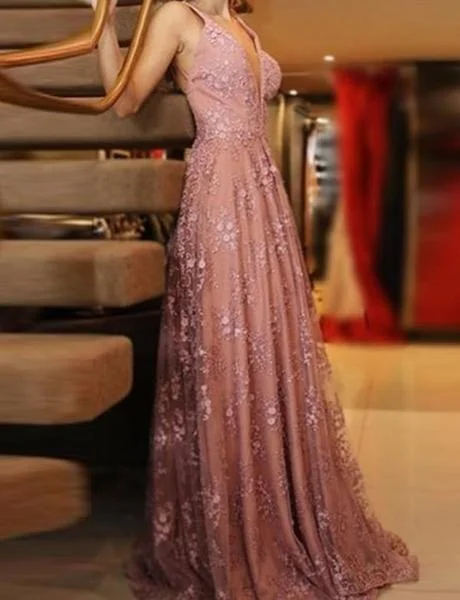 Fashion Deal A line V Neck Pink Lace Backless Appliques Prom Dresses Sleeveless Evening Dresses