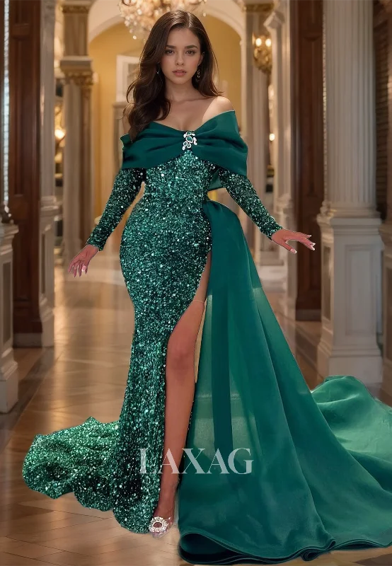 Style Without Limits V-Neck Off-Shoulder Long-Sleeves Pleated Mermaid Prom Dress Fully Sequined Tulle Train Formal Gowns