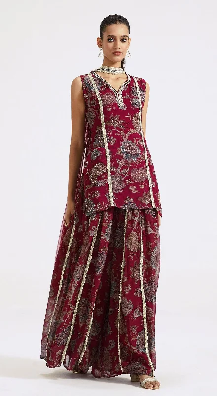 Feminine Allure Wine Floral Sharara Set