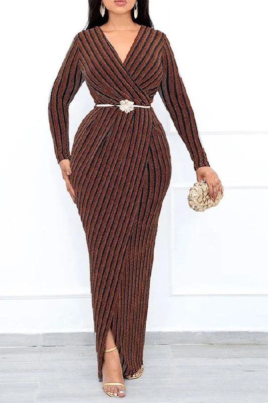 Special Occasion Wear Vertical Striped V Neck Shimmery Belted Maxi Dress