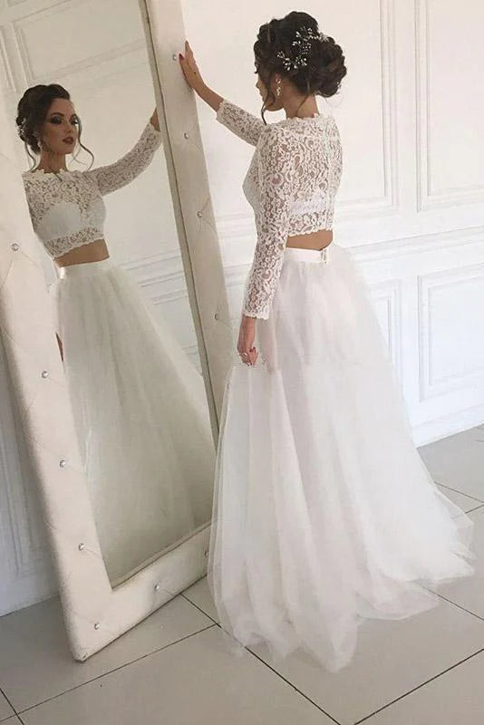 Shop Our Looks Long Sleeve Lace Round Neck Ivory Boho Wedding Dresses with Tulle Beach Bridal Dresses