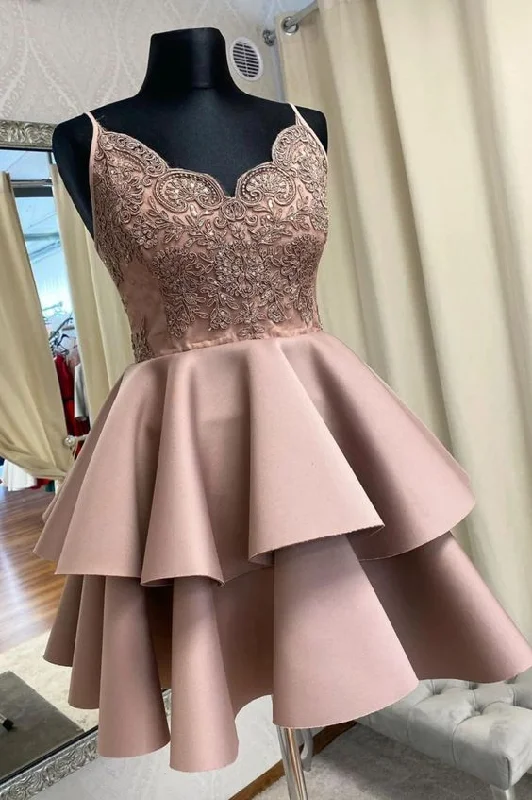 Hollywood Glam Award - Show Style Cute Satin Layers Short Prom Dress Homecoming Dress, V-neckline Prom Dress     S3112