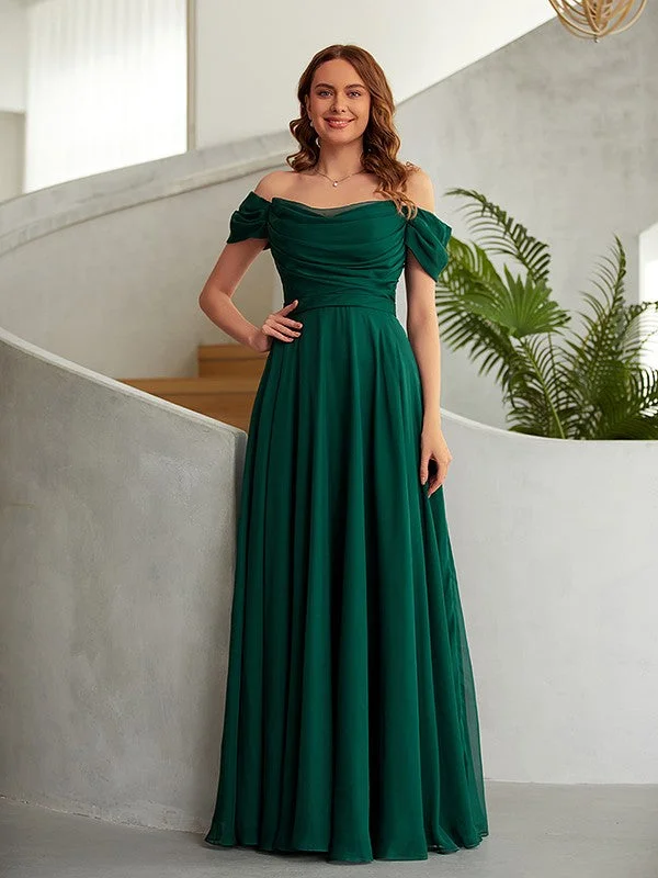 Unbeatable Prices A-Line/Princess 30D Chiffon Ruched Off-the-Shoulder Sleeveless Floor-Length Dresses