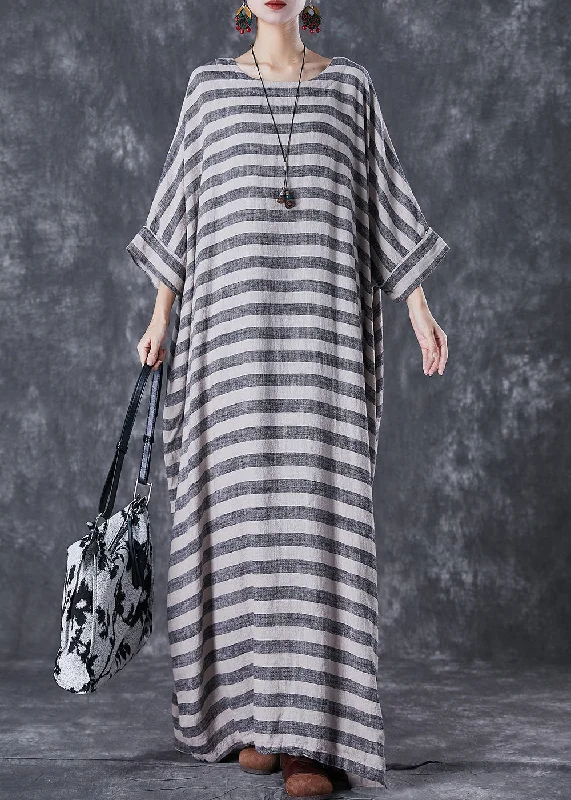 Vintage Inspired Fashion Sale Plus Size Grey Oversized Striped Linen Ankle Dress Gown Batwing Sleeve