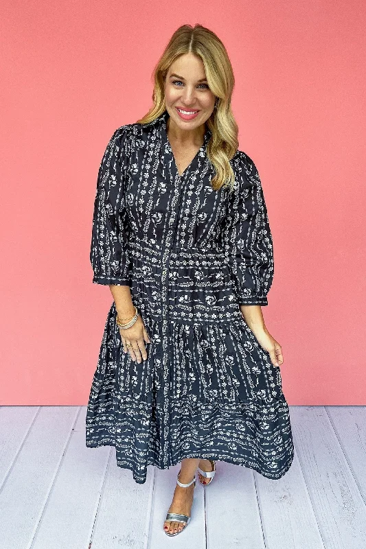 Fashion Forward Floral Stripe Navy Poplin Button Down Tiered Midi Dress