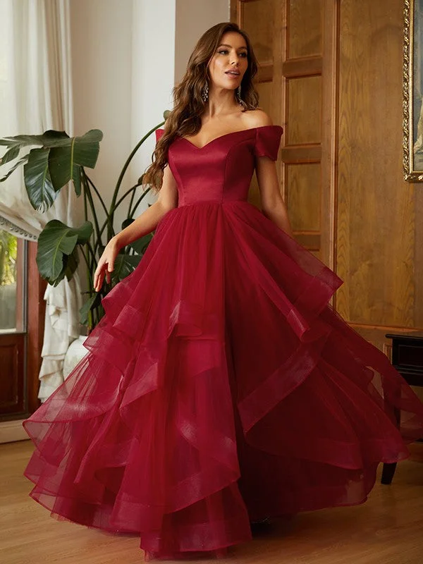 Flash Sale Fever A-Line/Princess Tulle Ruffles Off-the-Shoulder Sleeveless Floor-Length Dresses