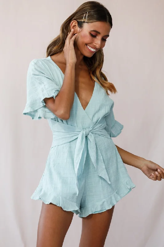 Fashion-Forward Style Karin Frill Trim Waist Tie Romper Sage