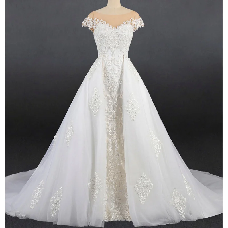 Coastal Beach - Inspired Style 2 in 1 Cap Sleeve Mermaid Lace Wedding Dress Vintage