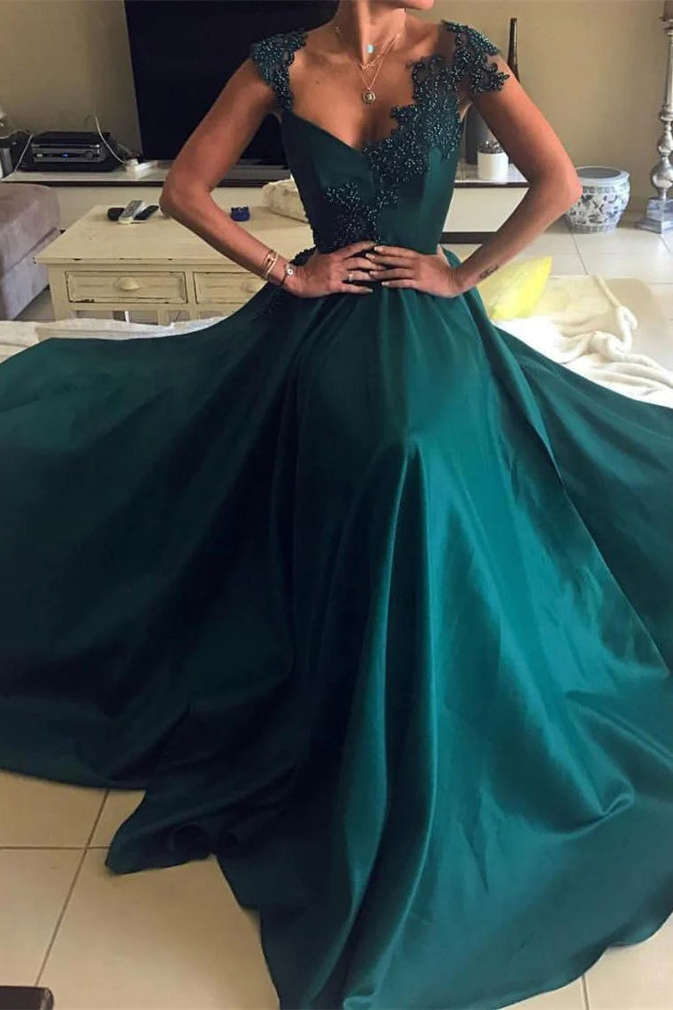 Disco - Inspired Retro Dance Look Elegant Beaded Peacock Green V Neck Long Satin Open Back Prom Dresses