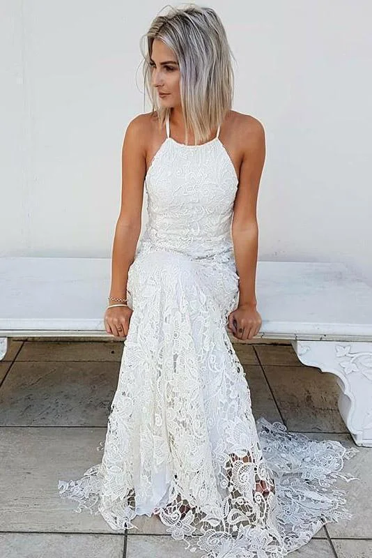 Holiday Sale Simple Halter Mermaid Lace Appliques Wedding Dress Backless Beach Bridal Gowns