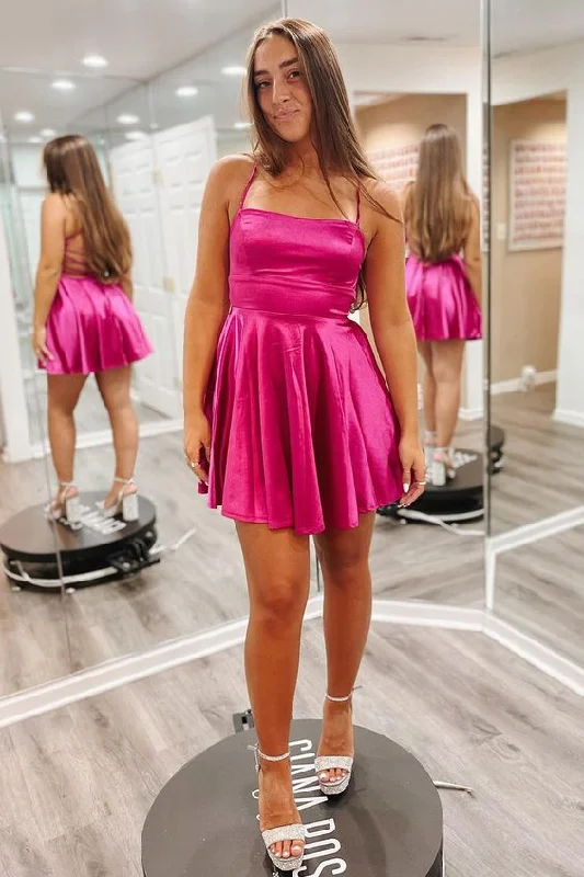 Casual Weekend Relaxed Style Fuchsia Lace-Up Satin A-line Homecoming Dress          S3159