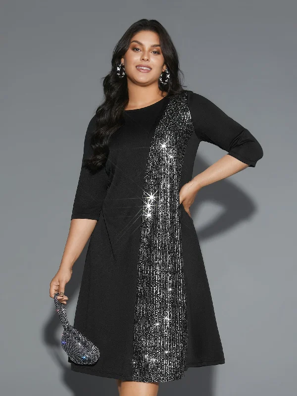 Big Savings Round Neck Sequin Patchwork Midi Dress