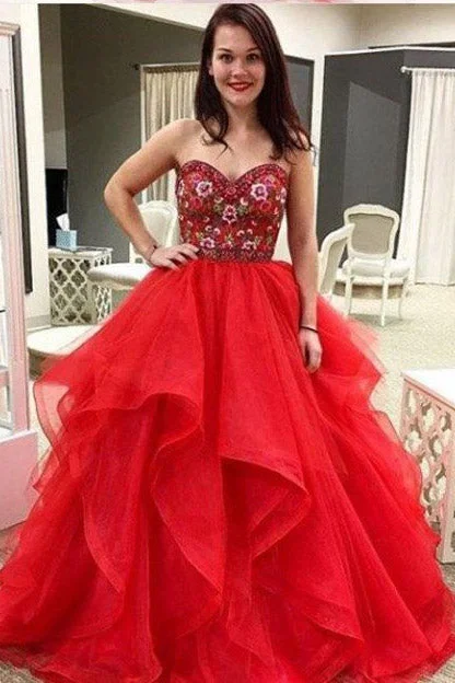 Flowing Silhouette Red Sweetheart Embroidery Floor Length Prom Dresses Puffy Tulle Asymmetrical Prom Gown N1303