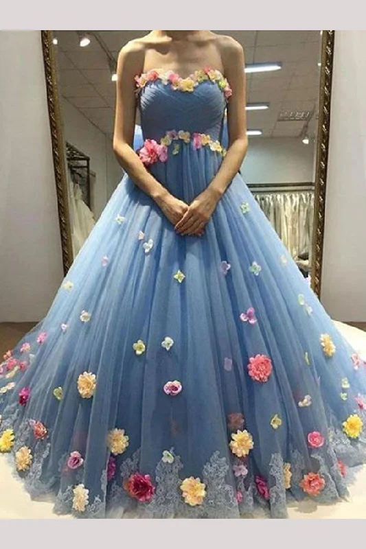 Versatile Outfits Blue Sweetheart Ball Gown Tulle Prom Dresses with Flowers Floor Length Quinceanera Dresses N1371