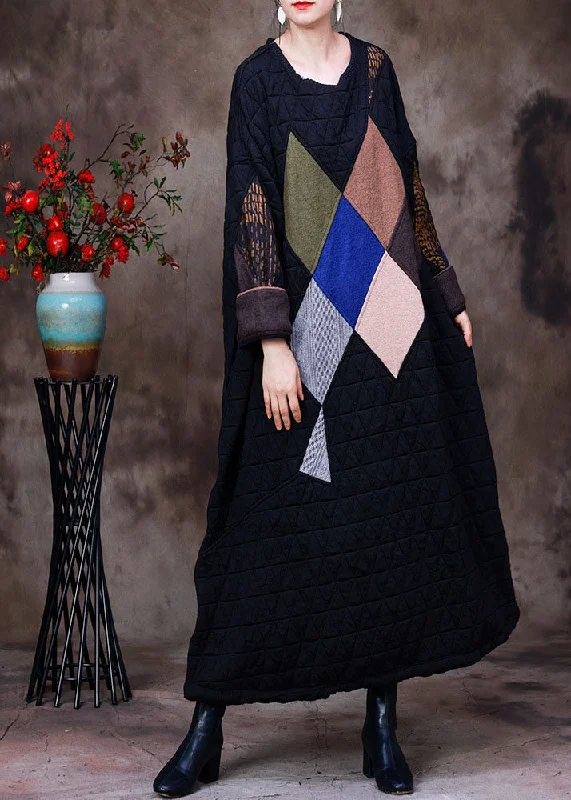 Stylish Basics Fine Black O-Neck Oversized Print Fine Cotton Filled Maxi Dresses Gown Winter