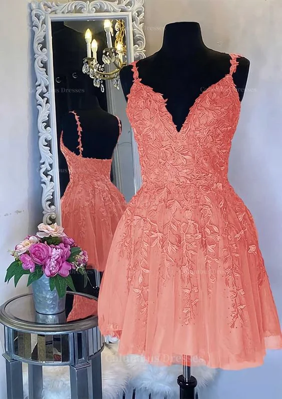 Romantic Flair A-line V Neck Sleeveless Short/Mini Tulle Homecoming Dress with Appliqued Beading     S5092