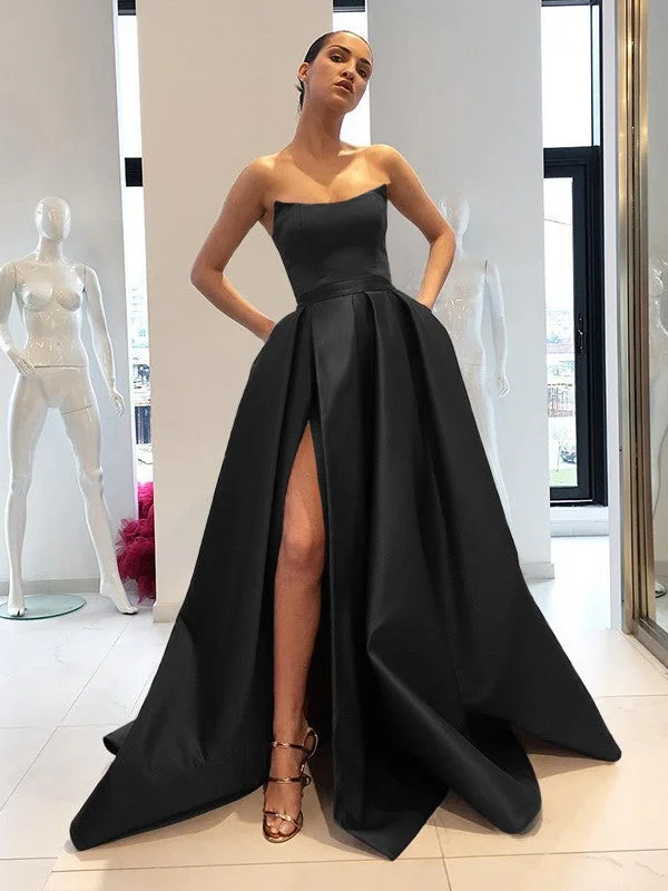 Season Sale Ball Gown Sleeveless Strapless Sweep/Brush Train Ruffles Satin Dresses