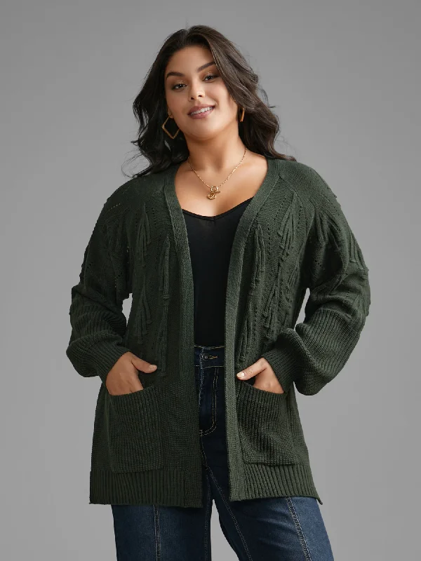 Seasonal Fashion Textured Lantern Sleeve Split Hem Cardigan