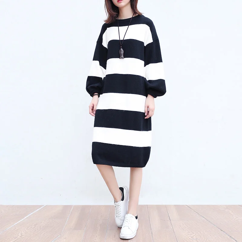 Top Brand Discounts white black striped woolen cozy sweater dresses plus size casual women knit shift dress