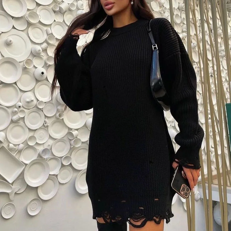 You'Ll Love Us Because TastyHottie - Women Sweater Oversize Knitted Black O Neck Long Sleeve Pullover