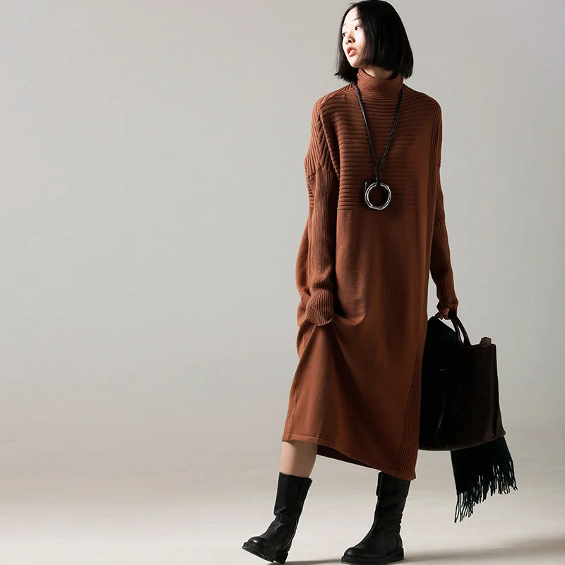 Fashion Forward Fashion Sweater dress outfit Classy high neck Cinched brown Mujer knit dress