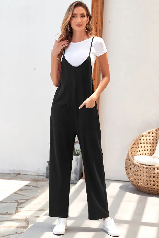 Polished Finish Pocketed Adjustable Spaghetti Strap Straight Leg Jumpsuit