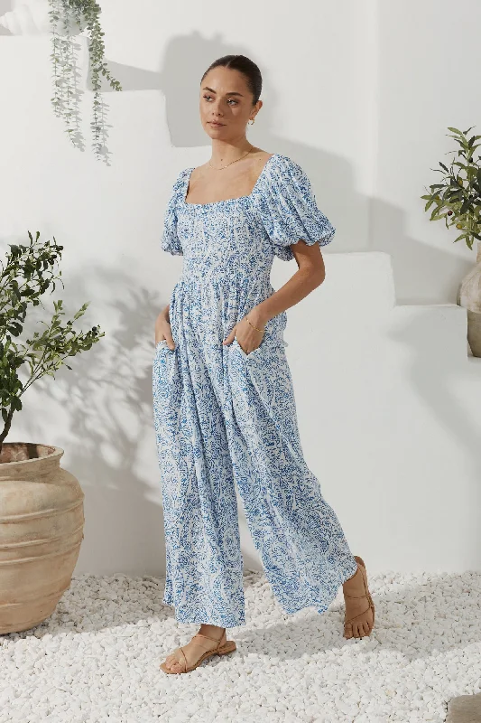 Trending Items Skyra Blue Boho Puff Sleeve Jumpsuit