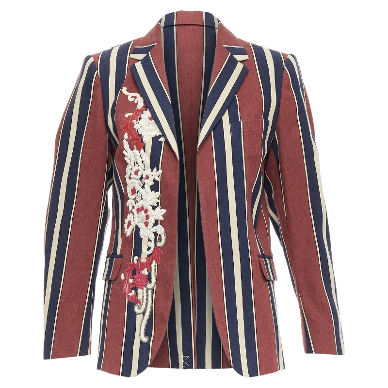 High-End Women’S Wear Dries Van Noten striped floral beaded wool linen blazer