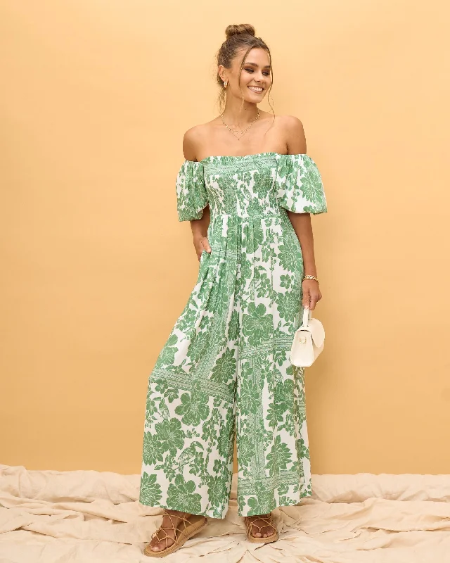 Chic Urban Fashion Look Viridiana Green Floral Puff Sleeve Jumpsuit