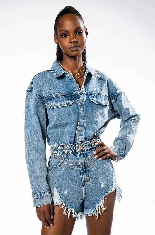 Trendy New Clothes ON A ROLL DENIM LONG SLEEVE ROMPER