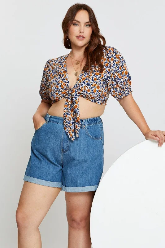 Seasonal Trends Blue Plus High Rise Elastic Waist Relaxed Blue Shorts