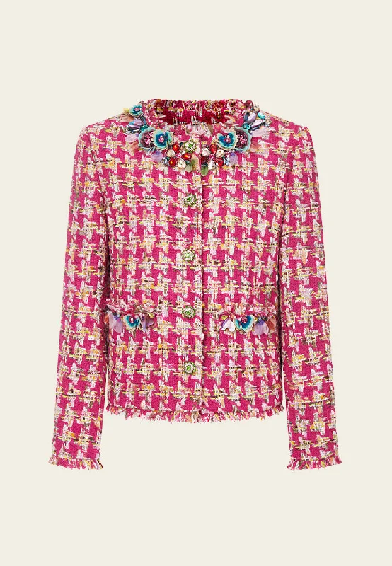 Your Timeless Wardrobe Awaits Fuchsia Houndstooth Frayed-trim Fantasy Jacket