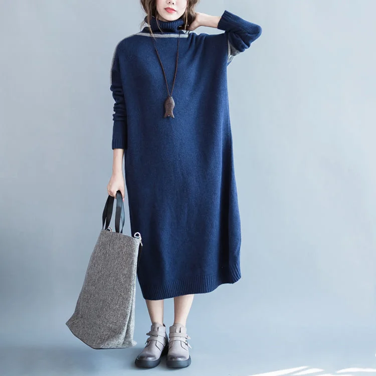 Stylish Spring Fashion chunky dark blue knit dresses Loose fitting patchwork spring dresses high neck  pullover