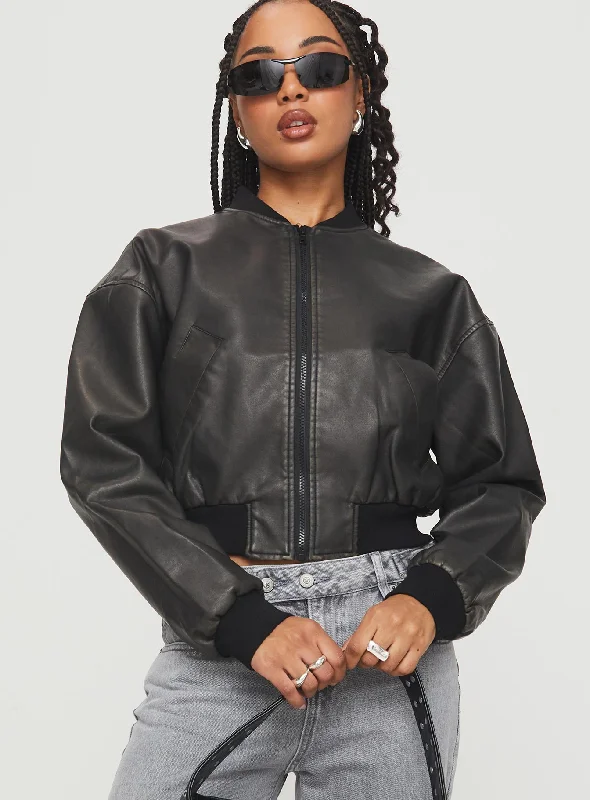 Fashion Forward Flaxie Faux Leather Bomber Jacket Black