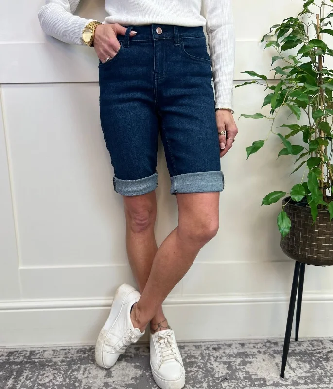 Latest Fashion Inky Blue Denim Knee Length Shorts