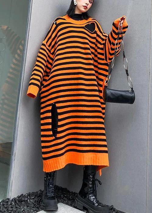 Seasonal Sale Aesthetic o neck Hole Sweater fall dress DIY orange striped daily knitted dress