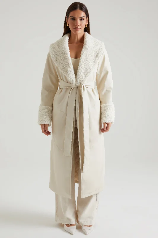 Travel Essentials Tie Up Coat with Shearling Collar and Cuffs in Cream