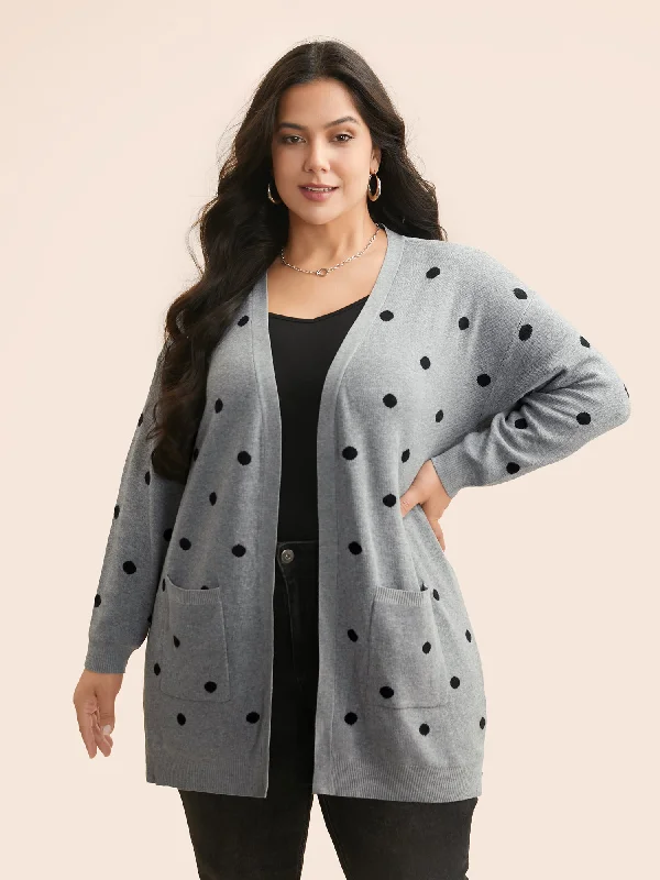 Vibrant Styles Polka Dot Kimono Collar Patch Pocket Cardigan