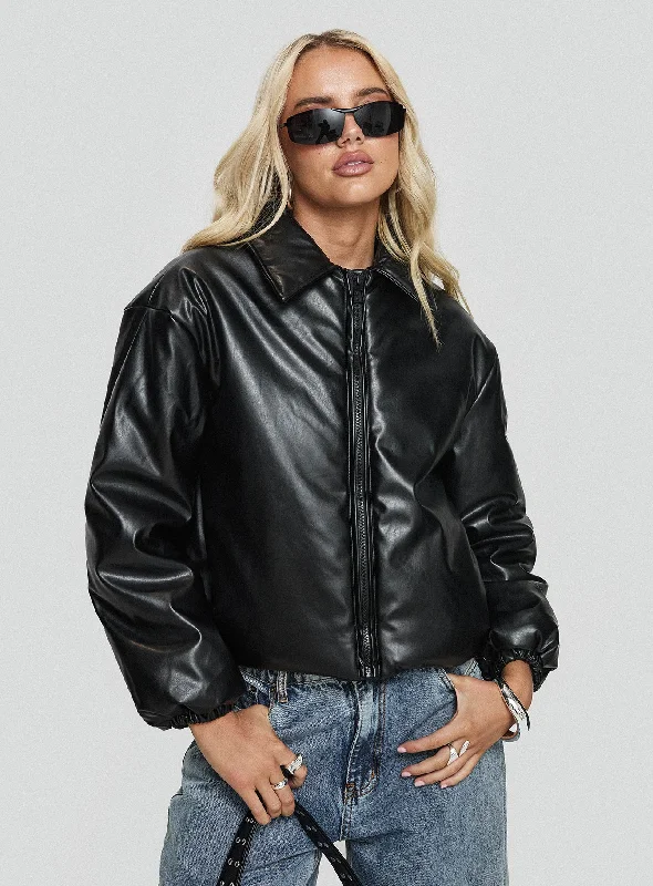 Daily Deals Nantes Faux Leather Bomber Jacket Black