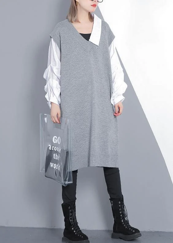 Wardrobe Essentials For Spring patchwork Puff Sleeve Sweater weather plus size gray Mujer knit dress