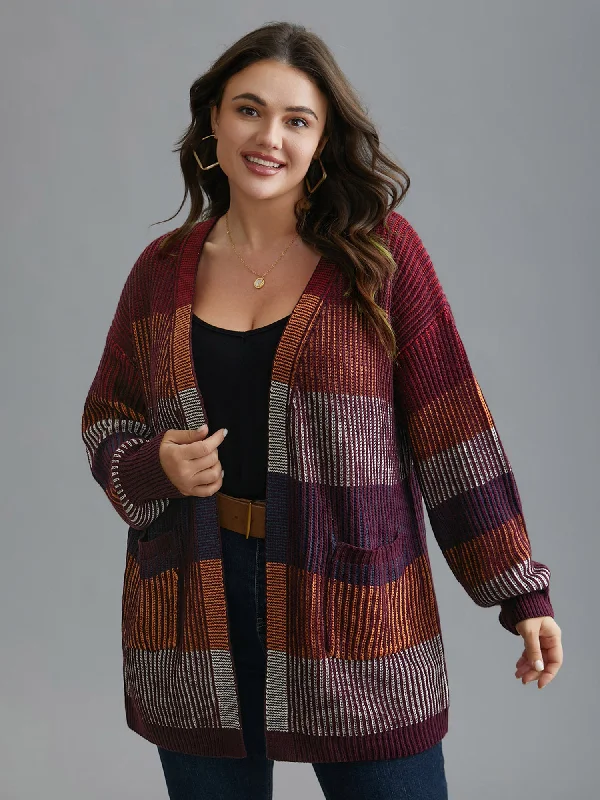 Budget-Friendly Fashion Front-Open Color Block Knit Cardigan