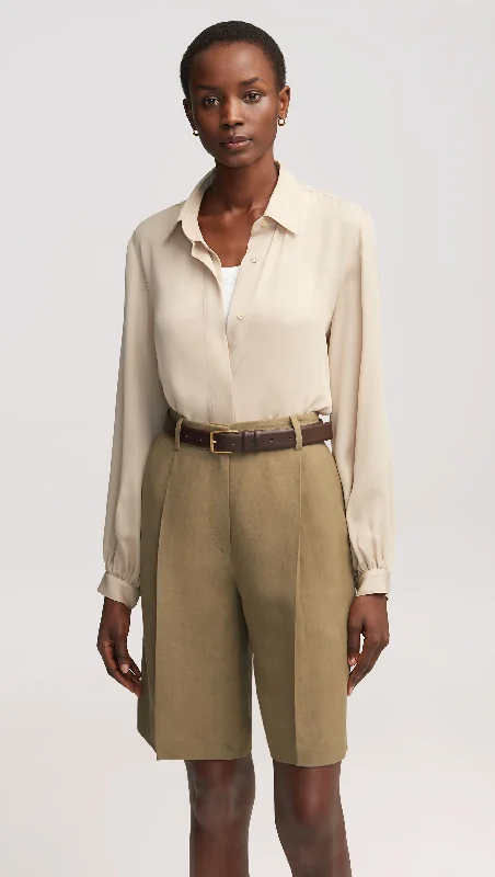 Limited Time Deal Pleated Shorts in Viscose-Linen Twill | Khaki Green